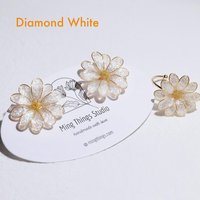 Handmade Daisy Blossom Sparkling Stud Earrings and Adjustable Rings. Elegant Crushed Diamond Jewelry. April Birth Flower. Clip-on Available.
