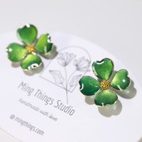 Handmade Four-Leaf Clover Earrings, Sparkling Green Enamel Style Shamrock Studs, Emerald Colored Resin Lucky Charm, St. Patrick’s Day  Gift