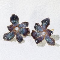 Handmade Iridescent Iris Orchid Flower Stud Earrings,  Resin Floral Whimsical Elegant Jewelry, Botanical Nature Inspired Accessories