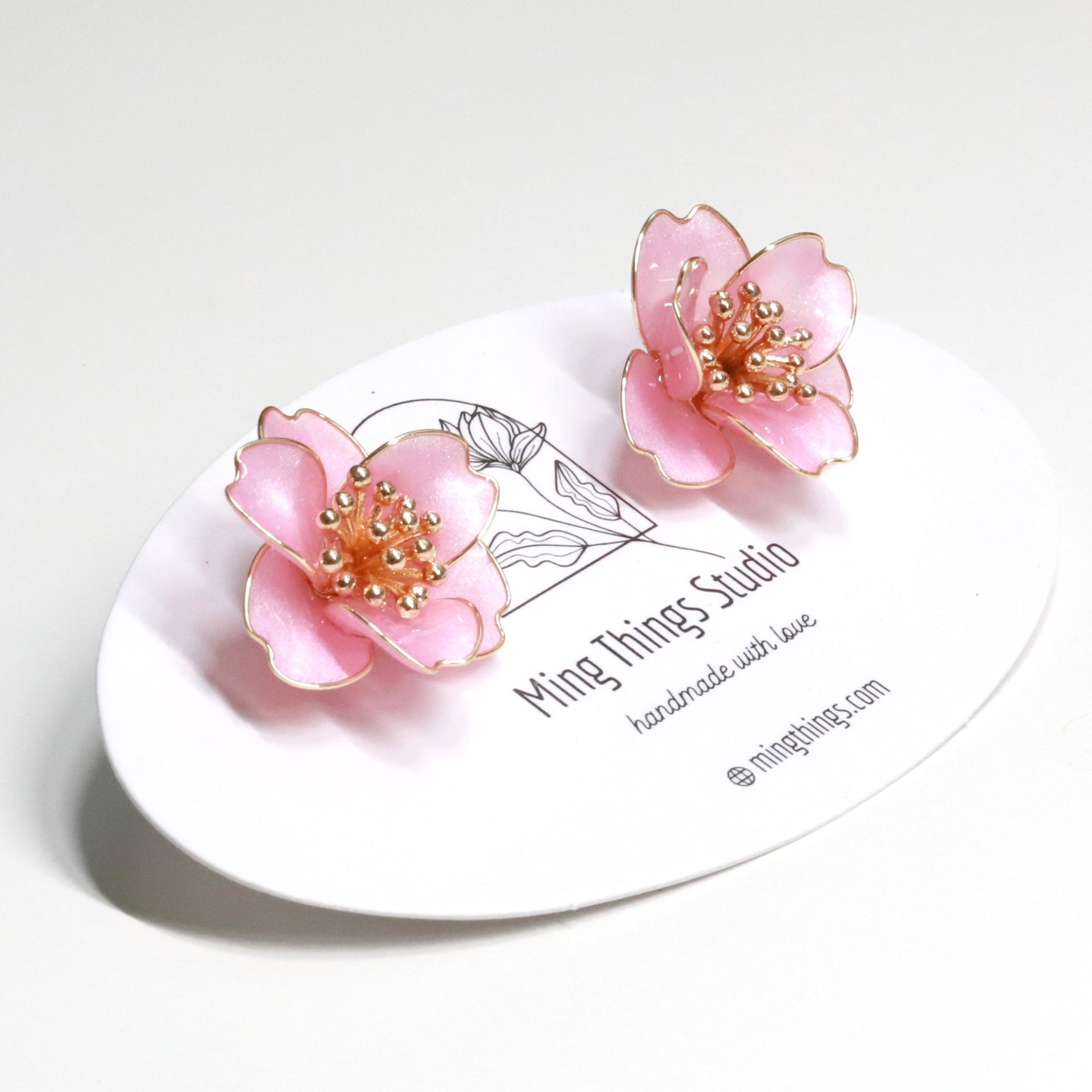 Handmade Wire Resin Camellia Flower Stud Earrings, Floral Pearlescent Earrings, Nature Inspired Romantic Flower Earrings
