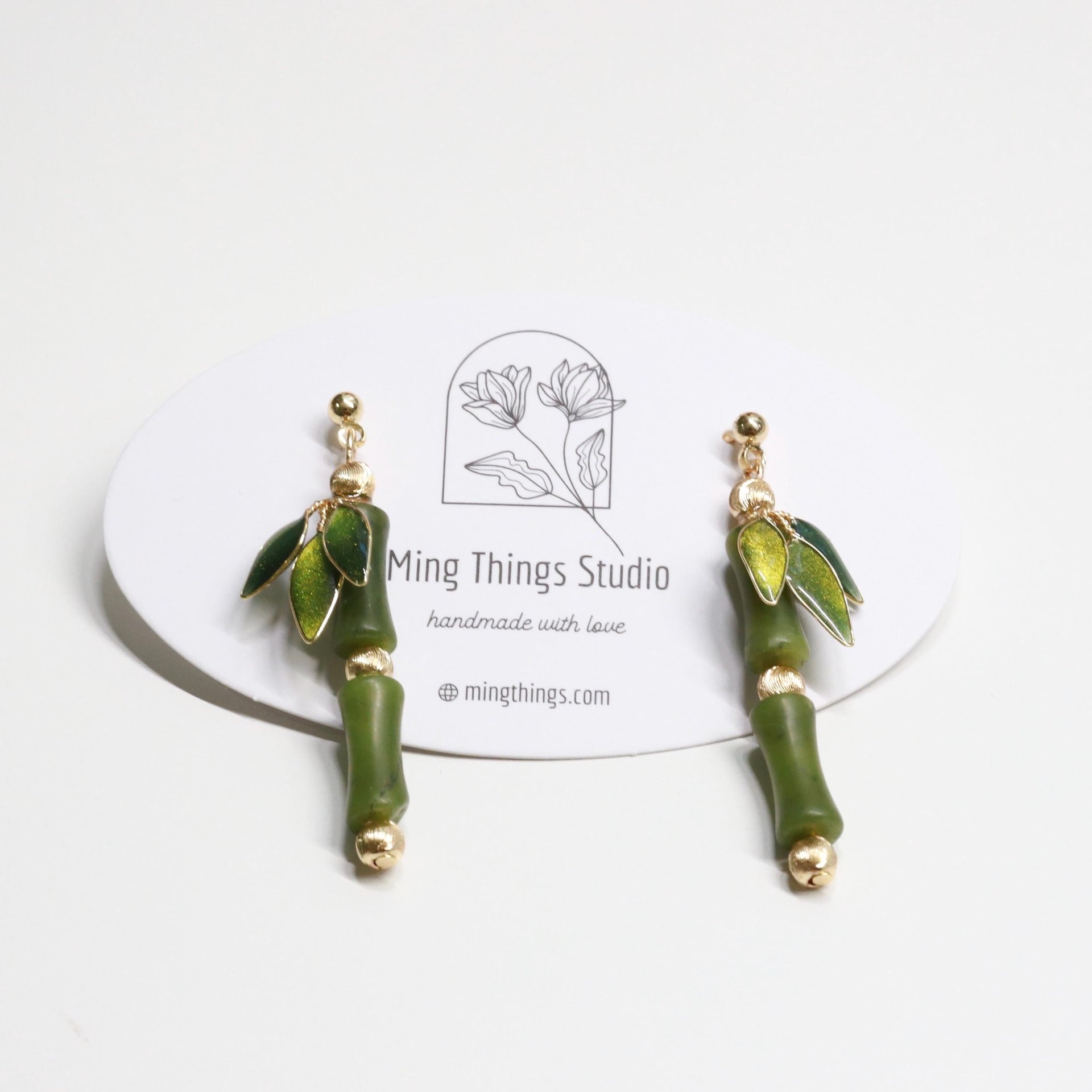 Handmade Jade Bamboo Dangle Earrings