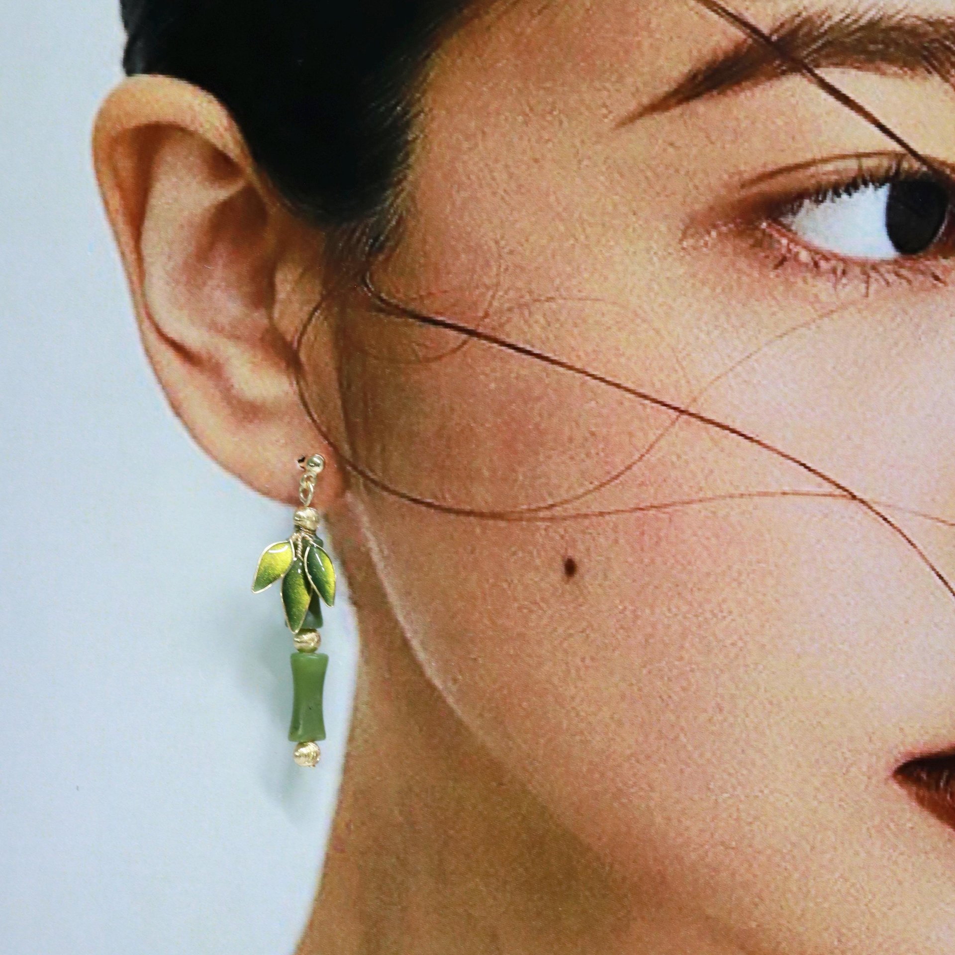 Handmade Jade Bamboo Dangle Earrings