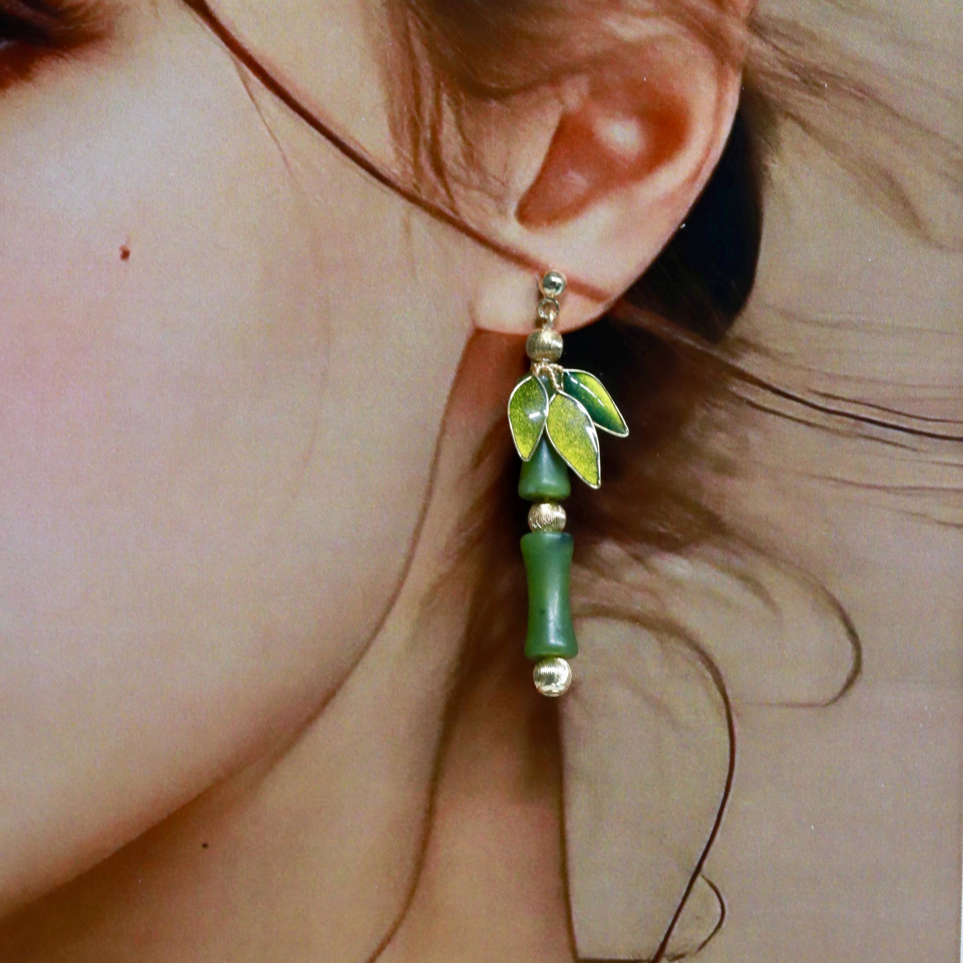 Handmade Jade Bamboo Dangle Earrings