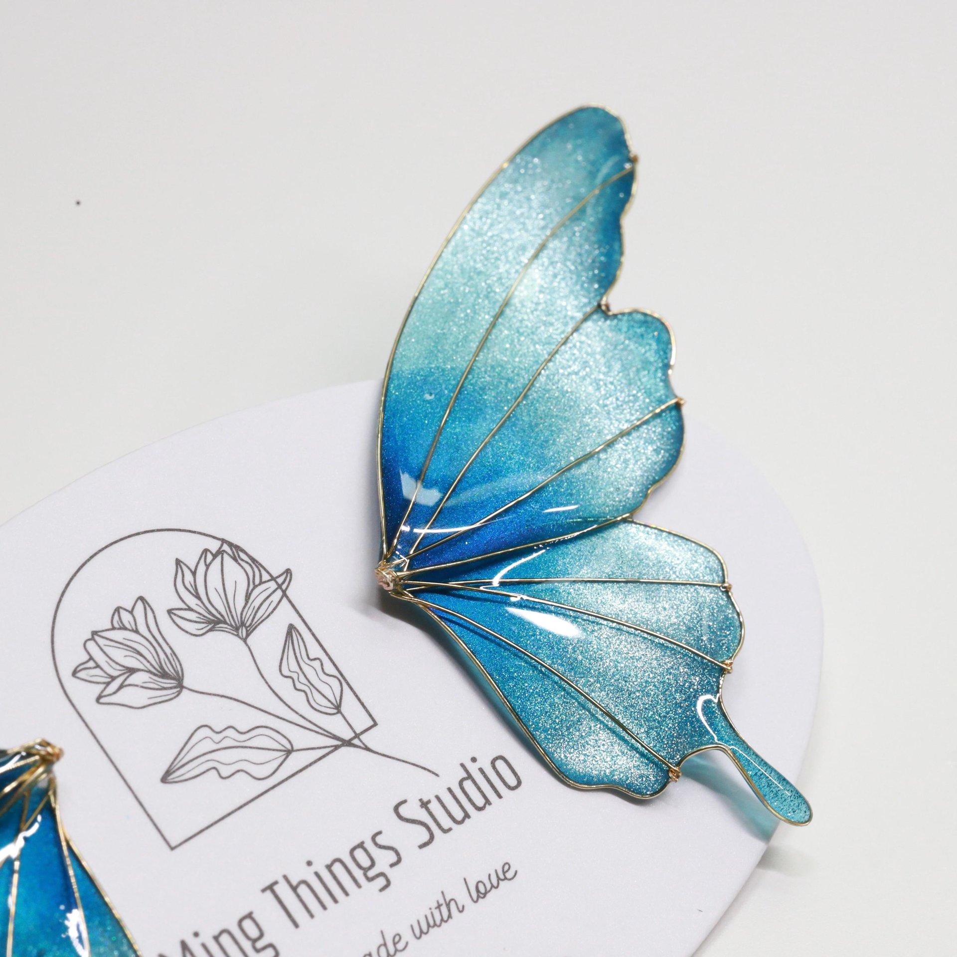 Handmade Shimmery Butterfly Stud Earrings, Sparkling Jewel-Tone Statement Earrings, Gradient Glittering Fairy Wing Wire Resin Jewelry,