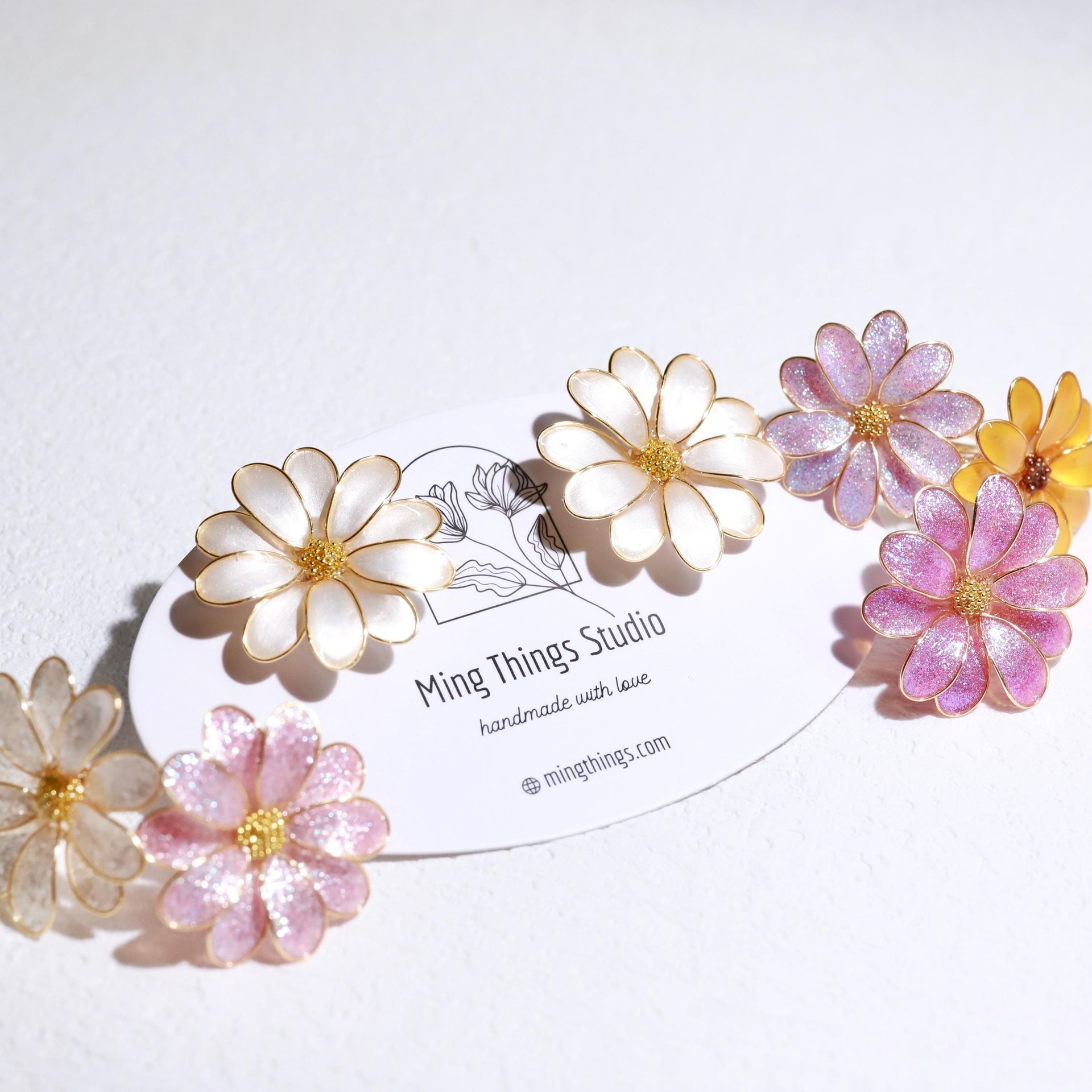 Handmade Daisy Blossom Sparkling Stud Earrings and Adjustable Rings. Elegant Crushed Diamond Jewelry. April Birth Flower. Clip-on Available.