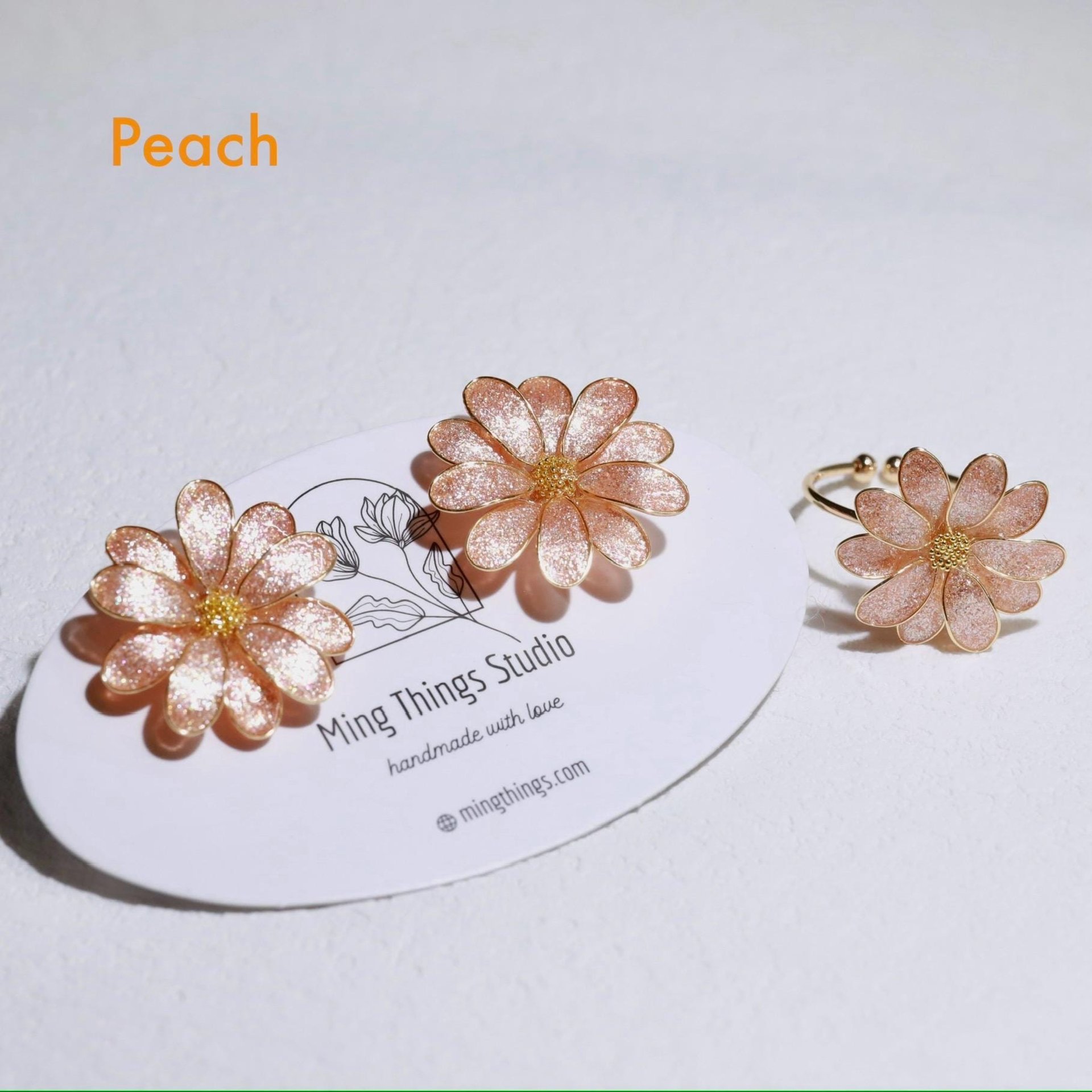 Handmade Daisy Blossom Sparkling Stud Earrings and Adjustable Rings. Elegant Crushed Diamond Jewelry. April Birth Flower. Clip-on Available.