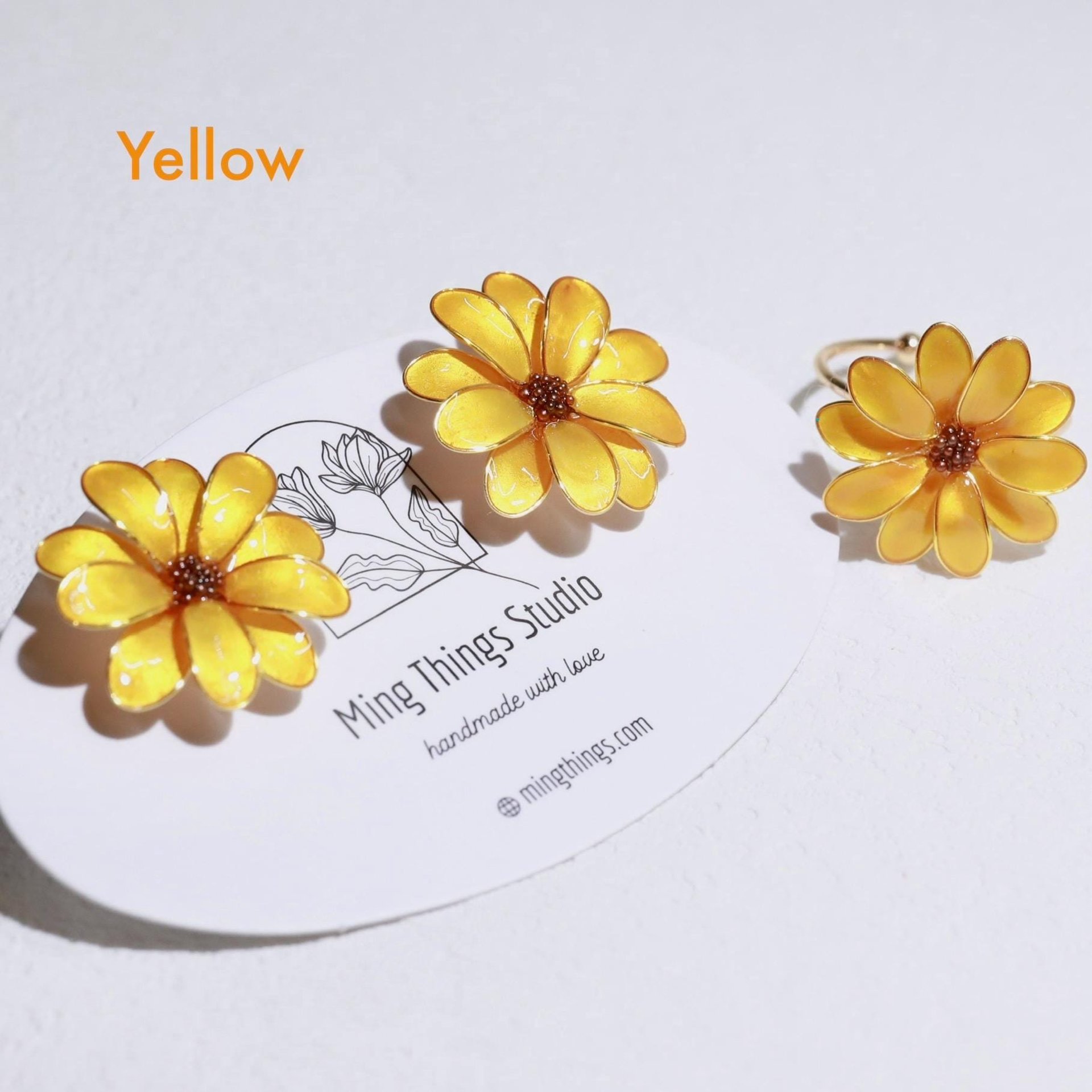 Handmade Daisy Blossom Sparkling Stud Earrings and Adjustable Rings. Elegant Crushed Diamond Jewelry. April Birth Flower. Clip-on Available.