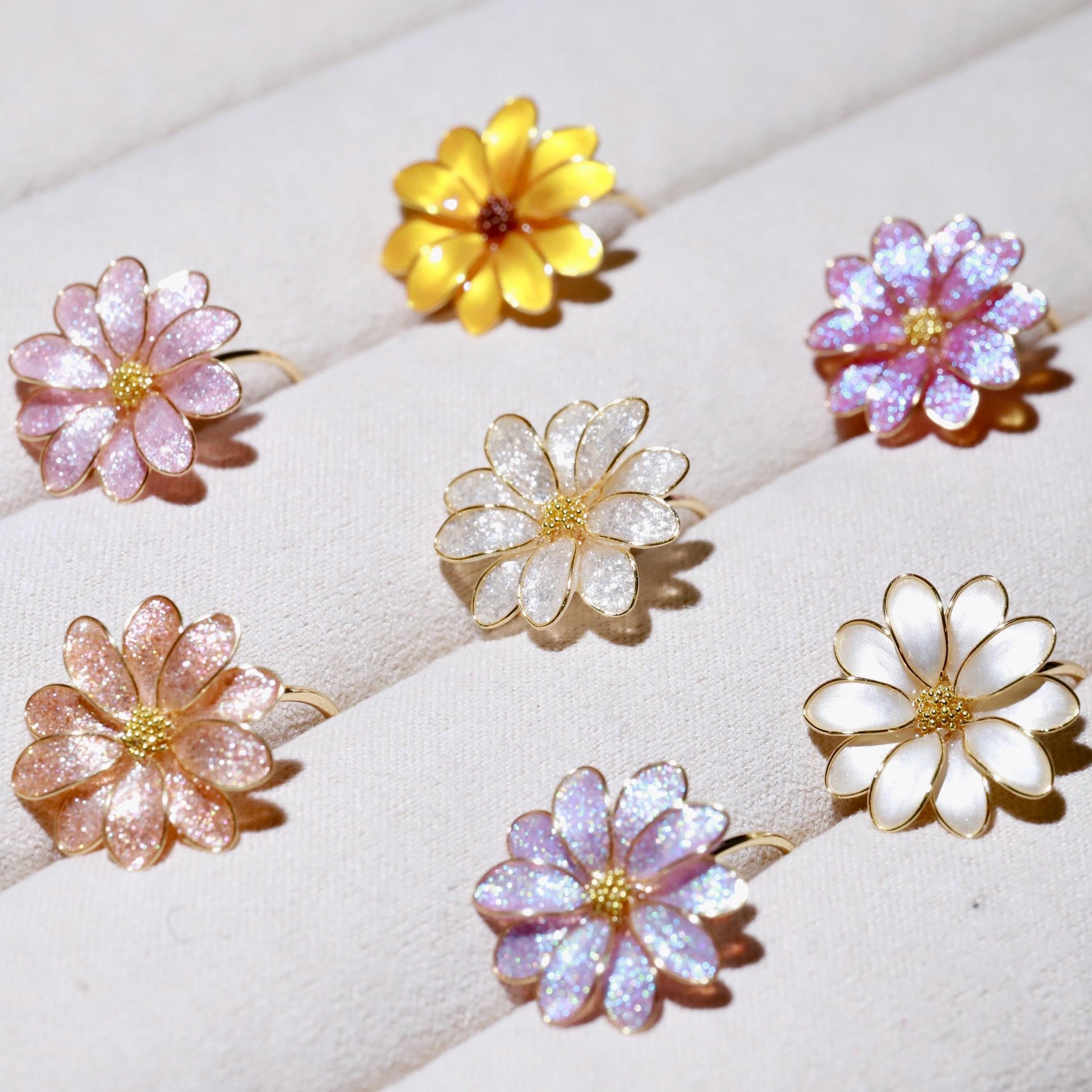 Handmade Daisy Blossom Sparkling Stud Earrings and Adjustable Rings. Elegant Crushed Diamond Jewelry. April Birth Flower. Clip-on Available.