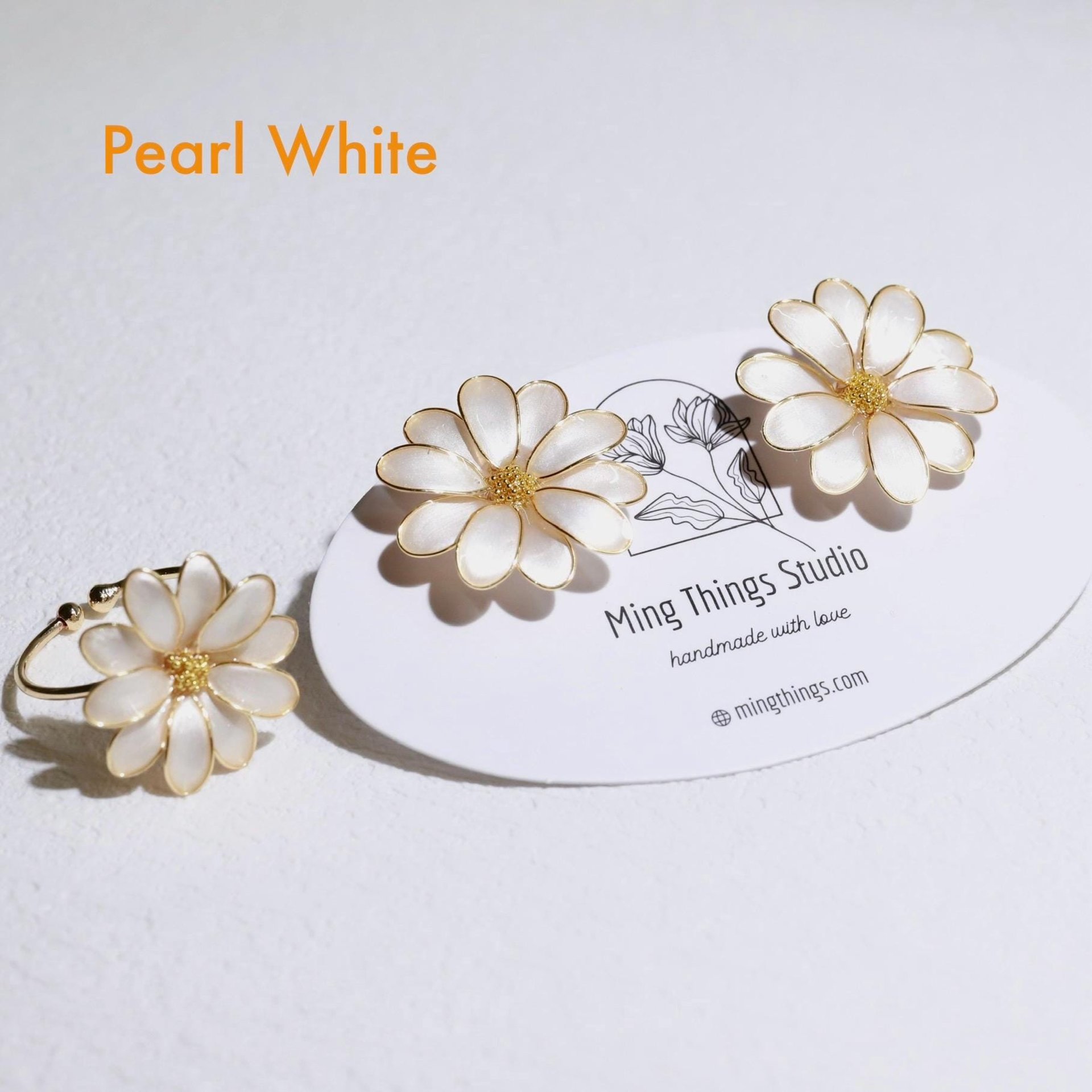Handmade Daisy Blossom Sparkling Stud Earrings and Adjustable Rings. Elegant Crushed Diamond Jewelry. April Birth Flower. Clip-on Available.