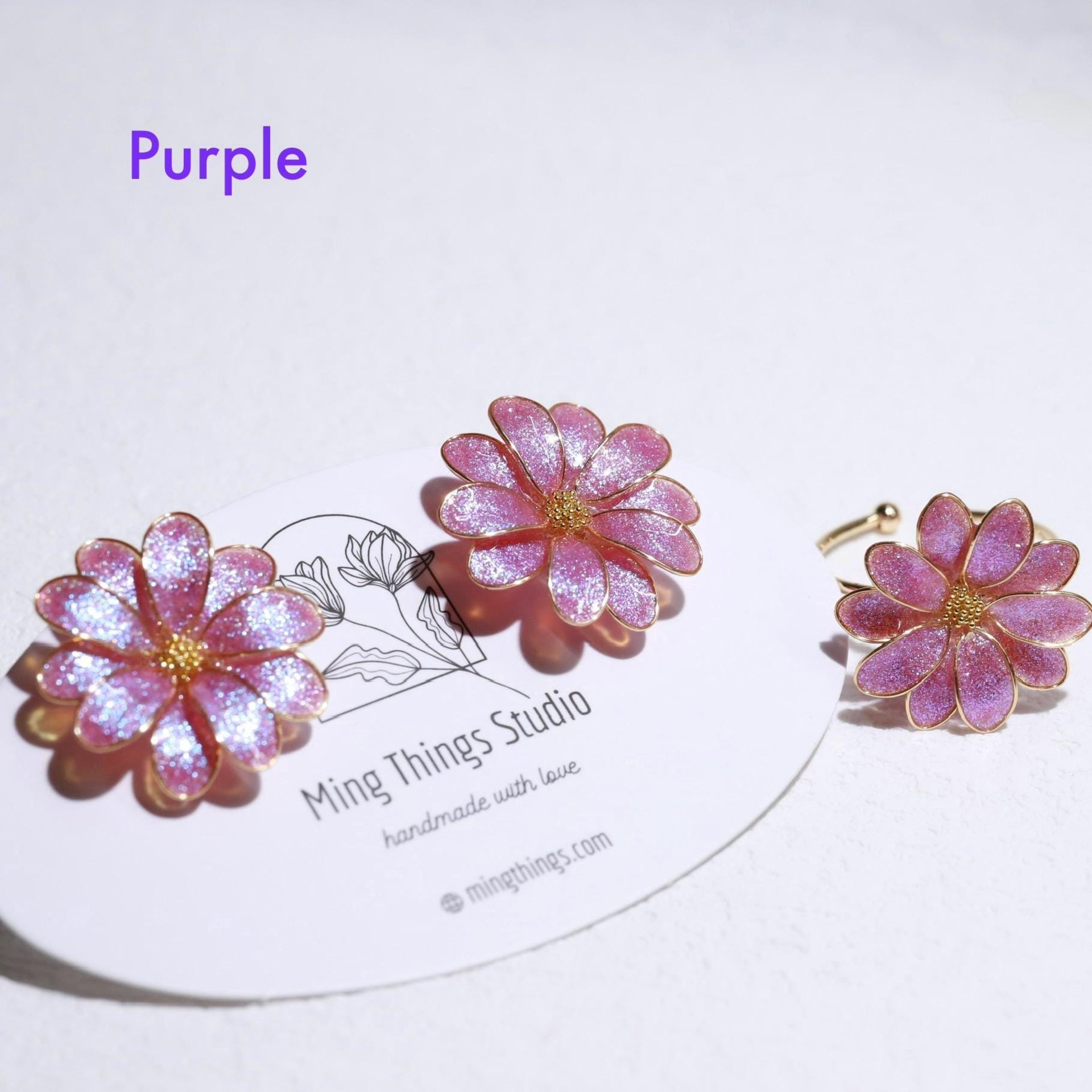 Handmade Daisy Blossom Sparkling Stud Earrings and Adjustable Rings. Elegant Crushed Diamond Jewelry. April Birth Flower. Clip-on Available.