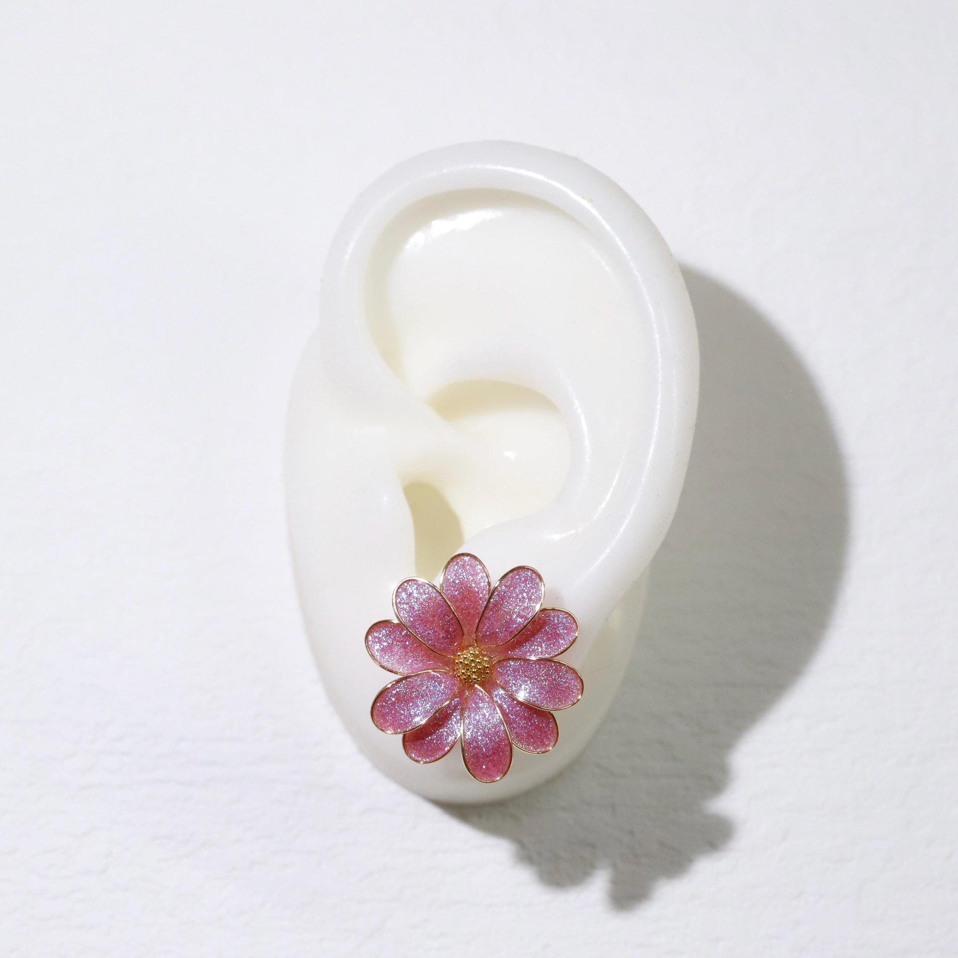 Handmade Daisy Blossom Sparkling Stud Earrings and Adjustable Rings. Elegant Crushed Diamond Jewelry. April Birth Flower. Clip-on Available.