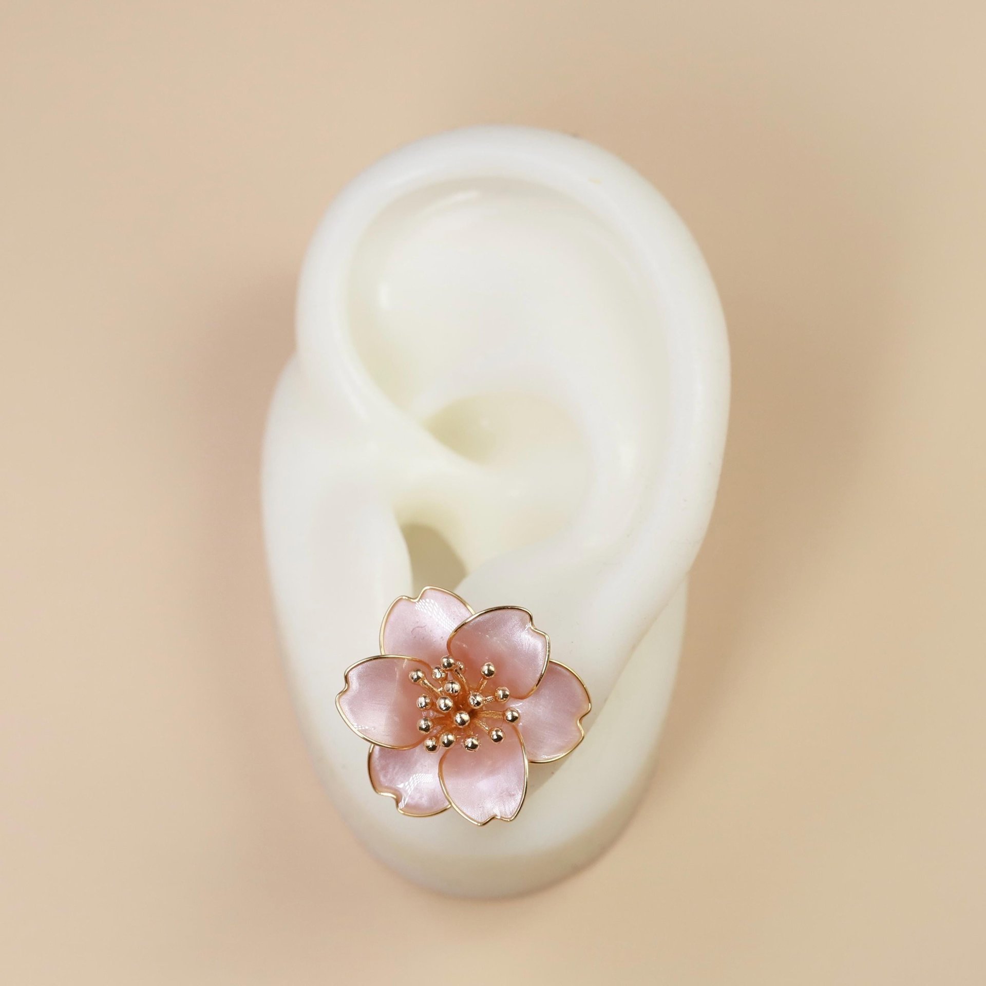 Handmade Camellia Flower Stud Earrings and Adjustable Ring, Nature Inspired Romantic Pearlescent Floral Resin Jewelry, Clip-On Available