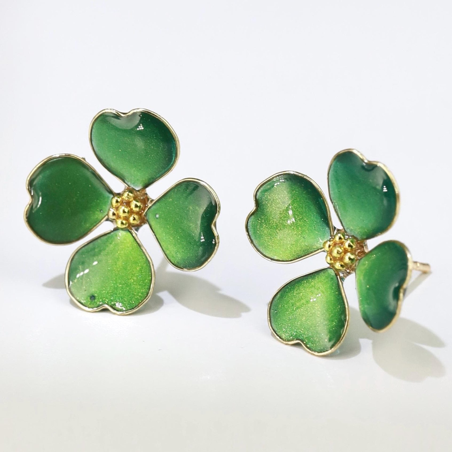 Handmade Four-Leaf Clover Earrings, Sparkling Green Enamel Style Shamrock Studs, Emerald Colored Resin Lucky Charm, St. Patrick’s Day  Gift