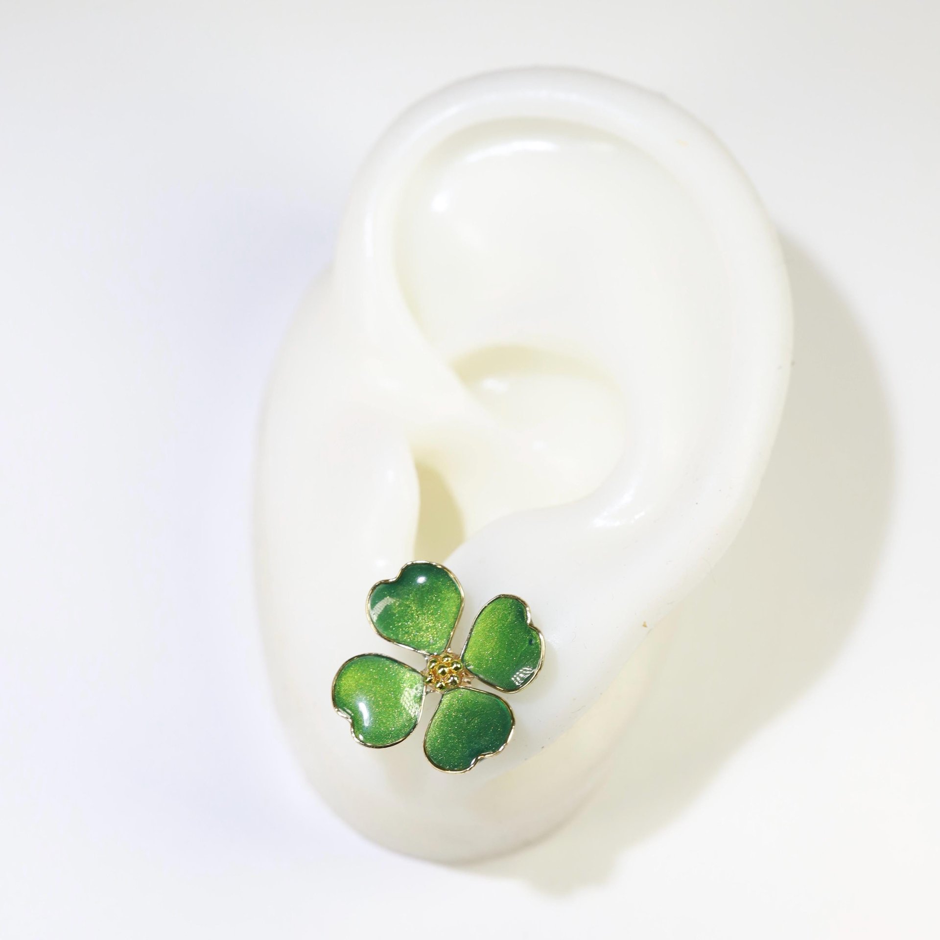 Handmade Four-Leaf Clover Earrings, Sparkling Green Enamel Style Shamrock Studs, Emerald Colored Resin Lucky Charm, St. Patrick’s Day  Gift