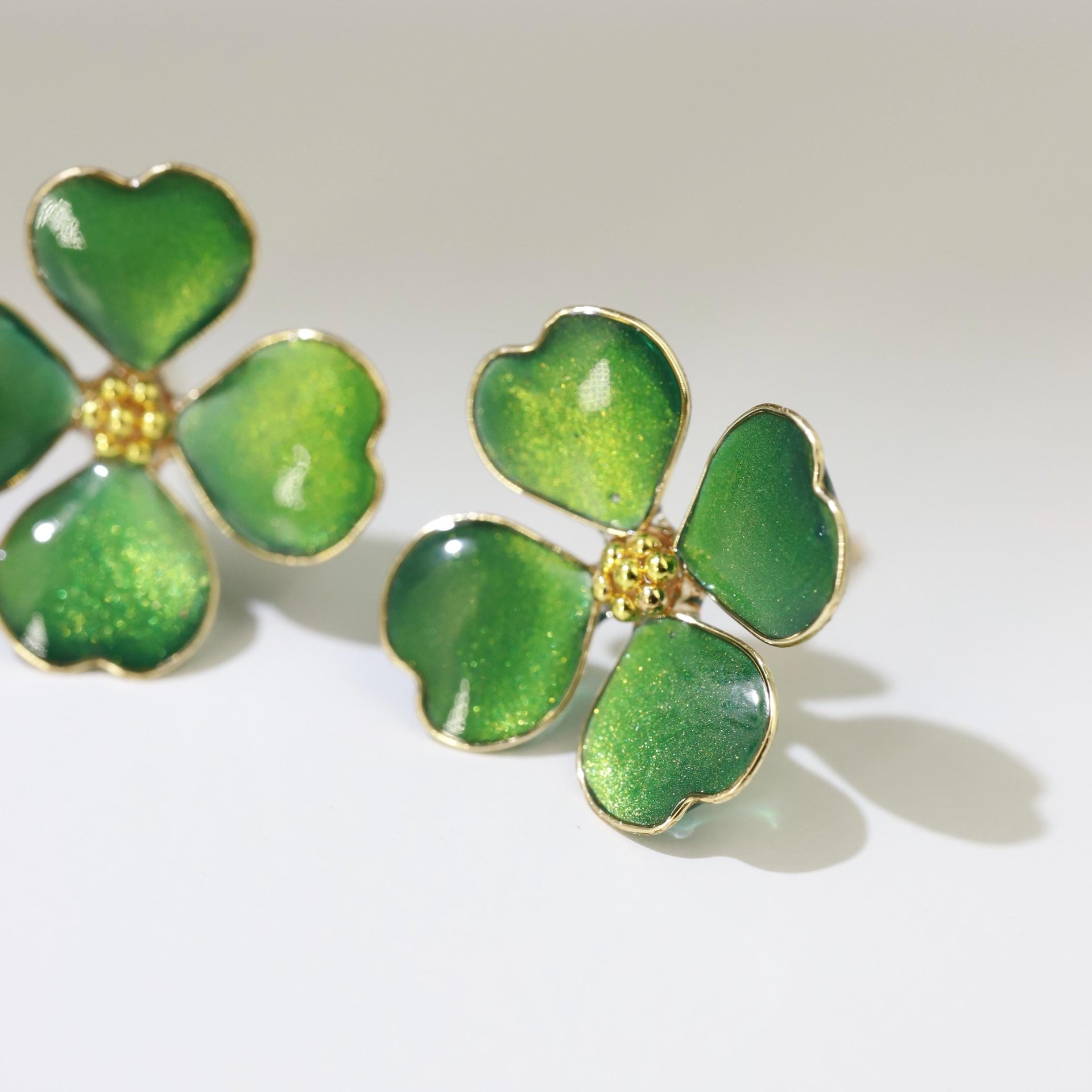 Handmade Four-Leaf Clover Earrings, Sparkling Green Enamel Style Shamrock Studs, Emerald Colored Resin Lucky Charm, St. Patrick’s Day  Gift
